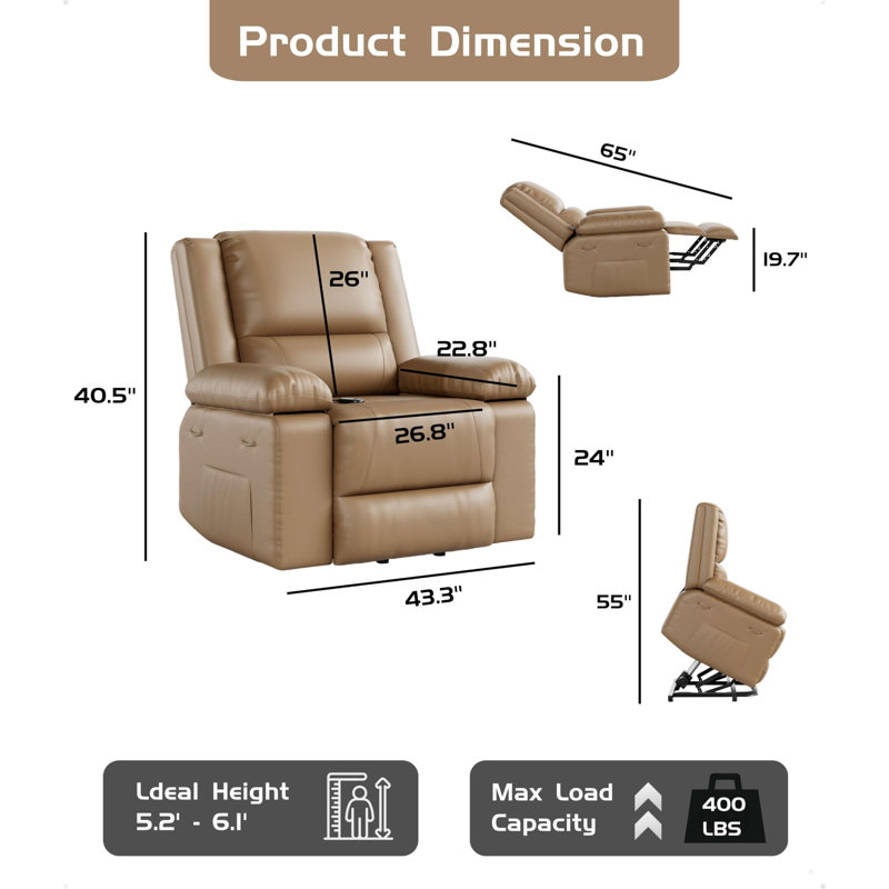 43.3" Wide Oversized Electric Power Lift Recliner with Heat and Massage, PU Leather Recliner Chair for Elderly, Khaki