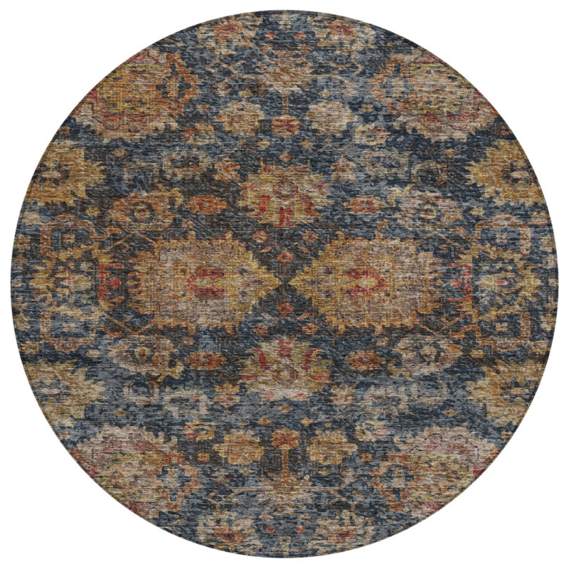 Tapis intérieur lavable rond 8 pi bleu marine et brun terre cuite