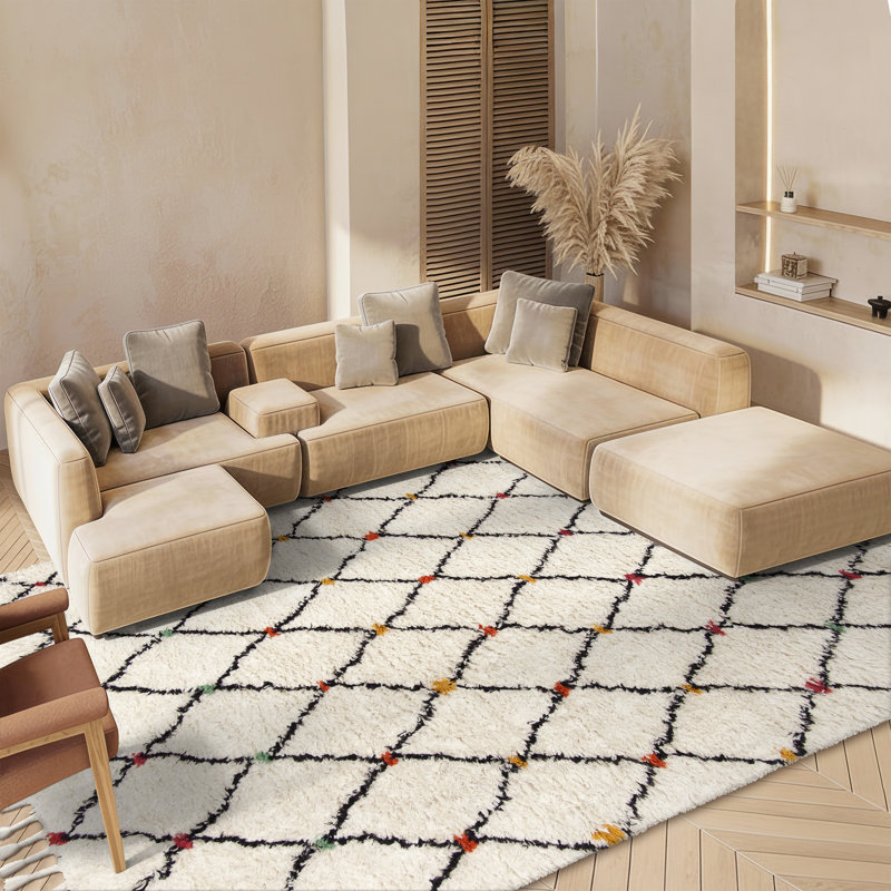 Tapis sud-ouest en laine et coton touffeté à la main Powell en ivoire / noir, Rectangle 8 pi x 10 pi