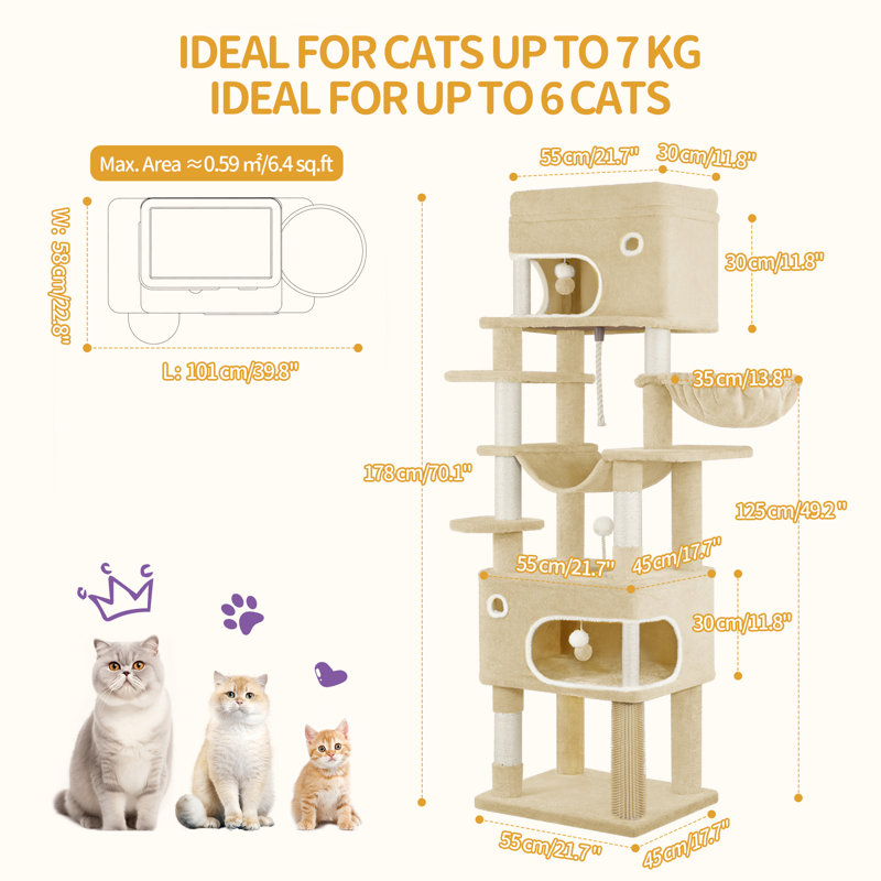 Poteau à griffes pour chat, arbre à chat 70,1 po multicouche avec grande plateforme, 2 grottes, 7 poteaux en sisal, pompons, panier à chat, hamac, convient aux chats, beige