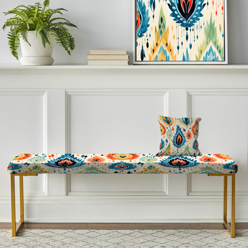 Bleu et orange Ikat Mosaic Fusion - Banc rembourré or Ikat