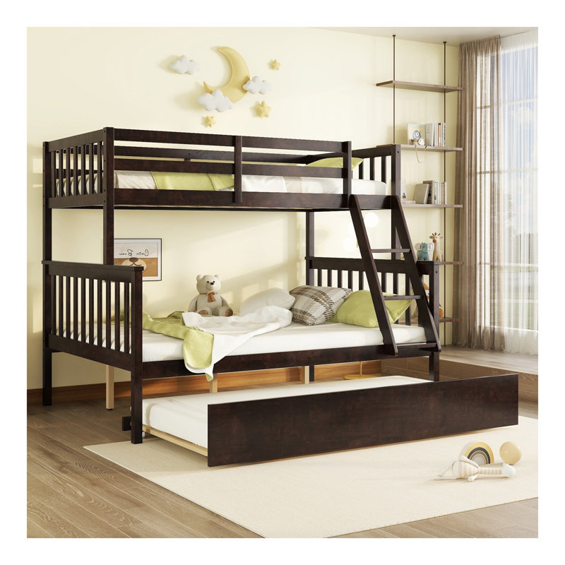 Lit superposé simple au-dessus de double en bois d'hévéa avec lit gigogne, échelle convertible et garde-corps, lit convertible détachable, avec lit gigogne simple, espresso