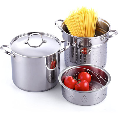 Cooks Standard Classic 12 Quart Pasta Pot Set, 18/10 Stainless Steel, Spaghetti Cooker Steamer Stock Pot Multipots with Strainer Insert, Stainless Steel Lid, 4-Piece
