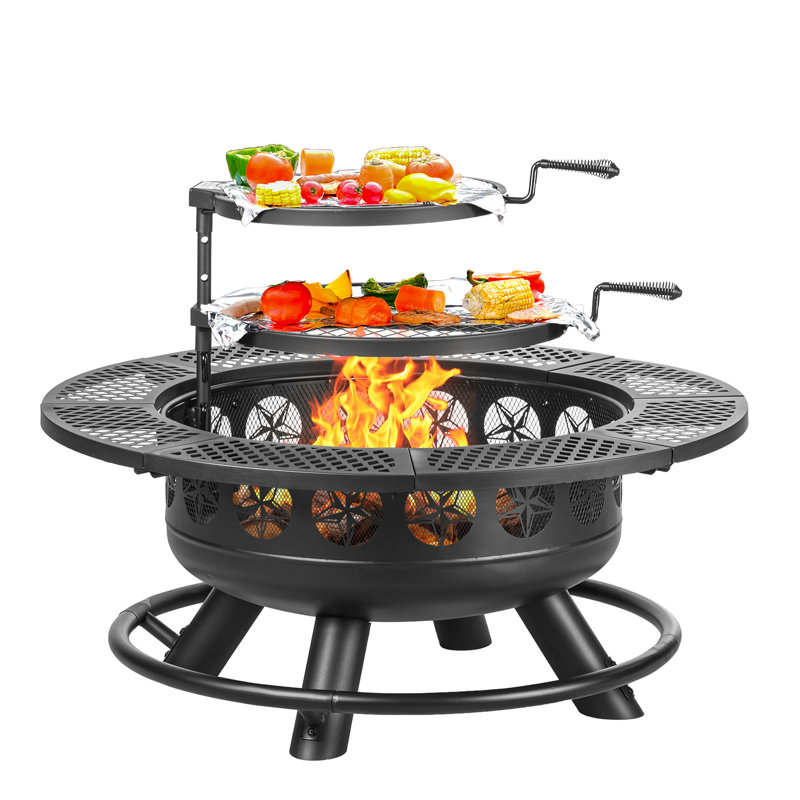 Wood Burning Fire Pit With Grill And Lid, 25" H x 36" W x 36" D
