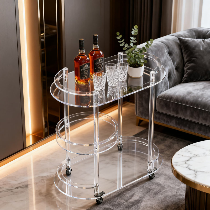 3-Tier Clear Acrylic Bar Cart With Lockable Wheels, Oval Rolling Serving Cart With Glass Holder For Kitchen, Dining And Living Room, Space-Saving Beverage Station