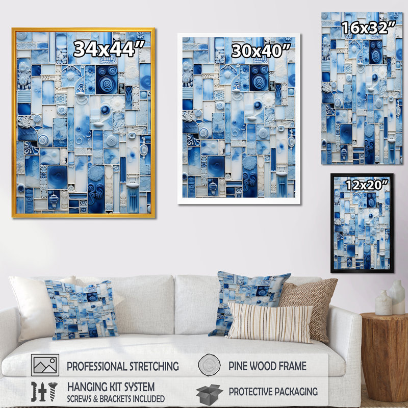 Carreaux botaniques bleus et blancs I - art mural abstrait, Cadre simple noir, H 20 po x l 12 po x P 1 po