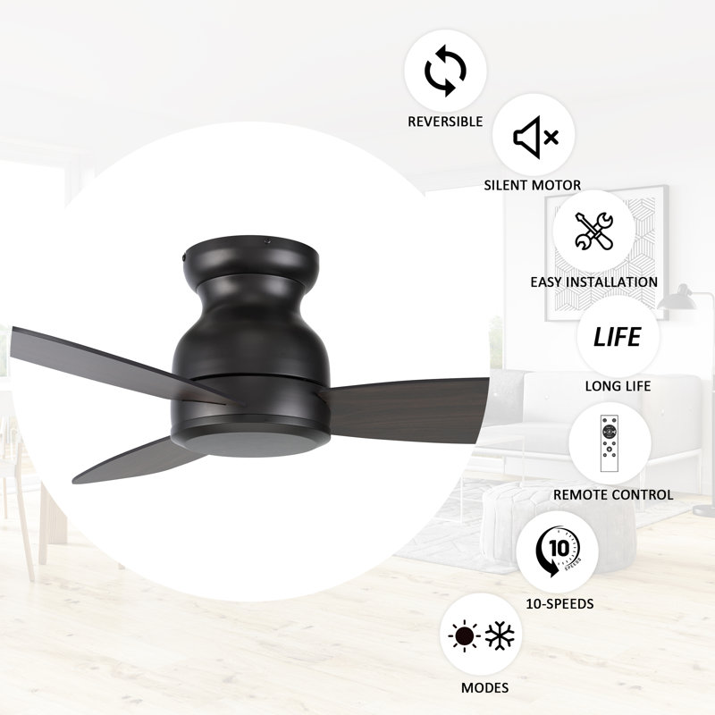 48" 3 - Blade Flush Mount Ceiling Fan without Light, Black/Dark Brown