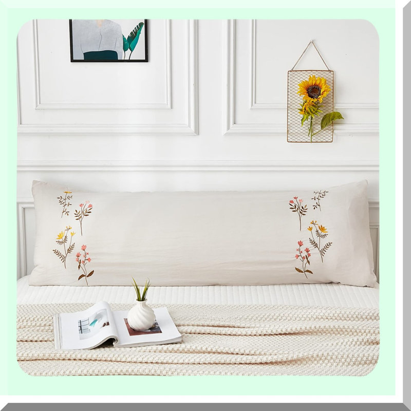 Spring Blossom Body Pillow Cover - Floral Embroidered Beige Body Pillowcase with Pocket Closure - Soft Cream Flower Pattern Bedding