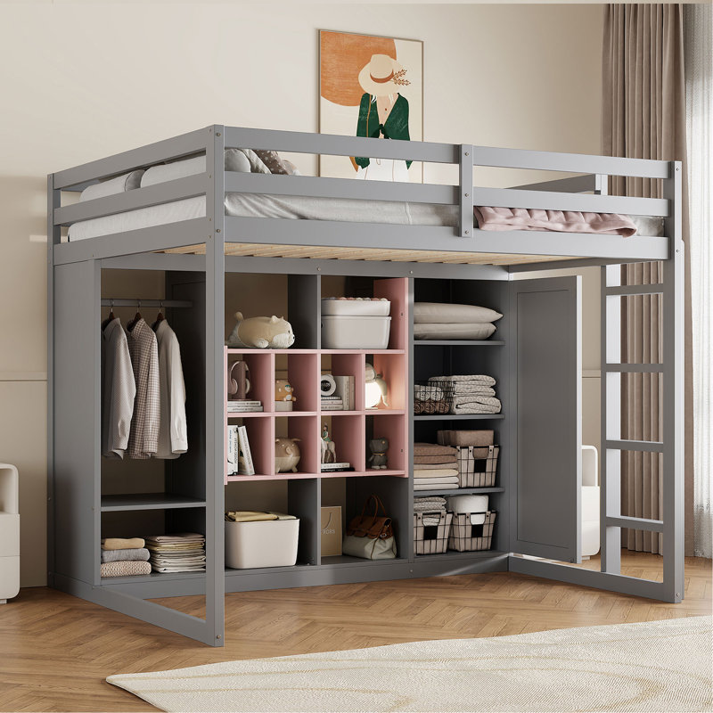 Lit mezzanine en bois avec garde-robe, tablettes et armoire, Rose / Gris, Lit double