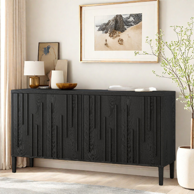 Farmhouse Sideboard With Hidden Handle And Distinctive Solid Ash Veneer, Black