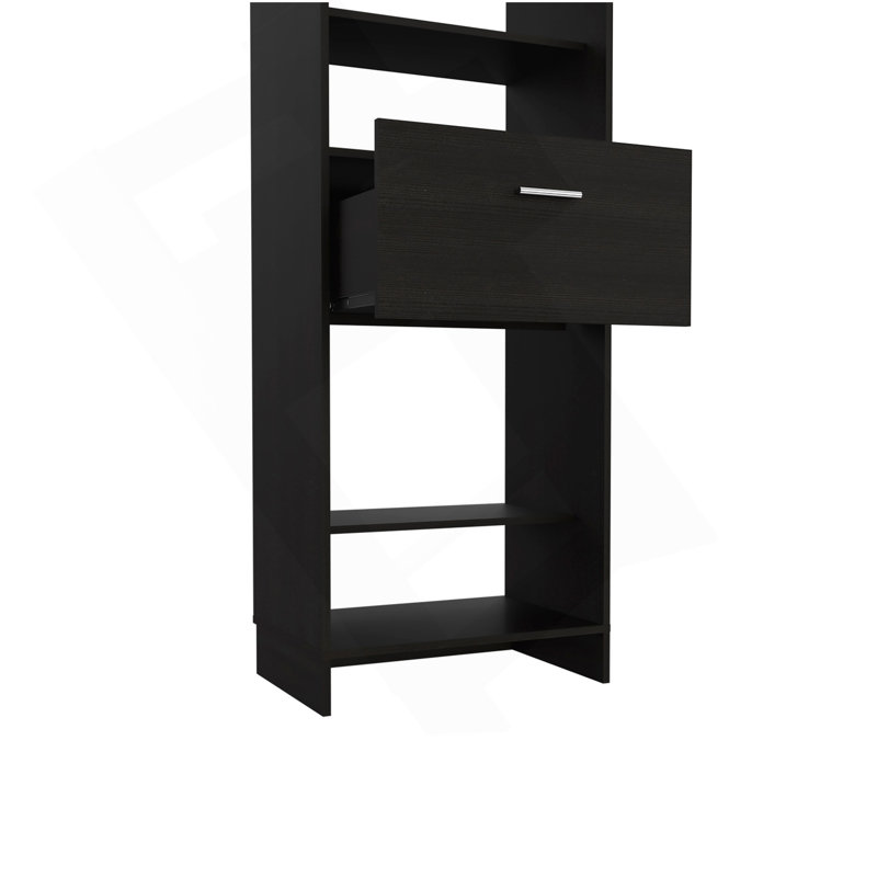 Hybrid Closet System, Five Open Shelves, One Drawer, Metal Rod, Black