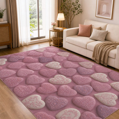 Tapis 1 pièce en relief à motif de cœurs - Motif floral romantique, doux et confortable, lavable, antidérapant, idéal pour le salon, la chambre à coucher, les enfants, la décoration de la Saint-Valentin pour la maison