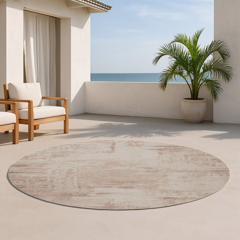 Tapis beige abstrait intérieur et extérieur, Rond 5 pi