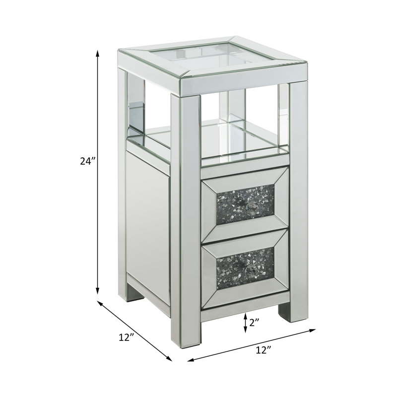Table d'appoint à 2 tiroirs Rollins Glam Glass en miroir et faux diamants