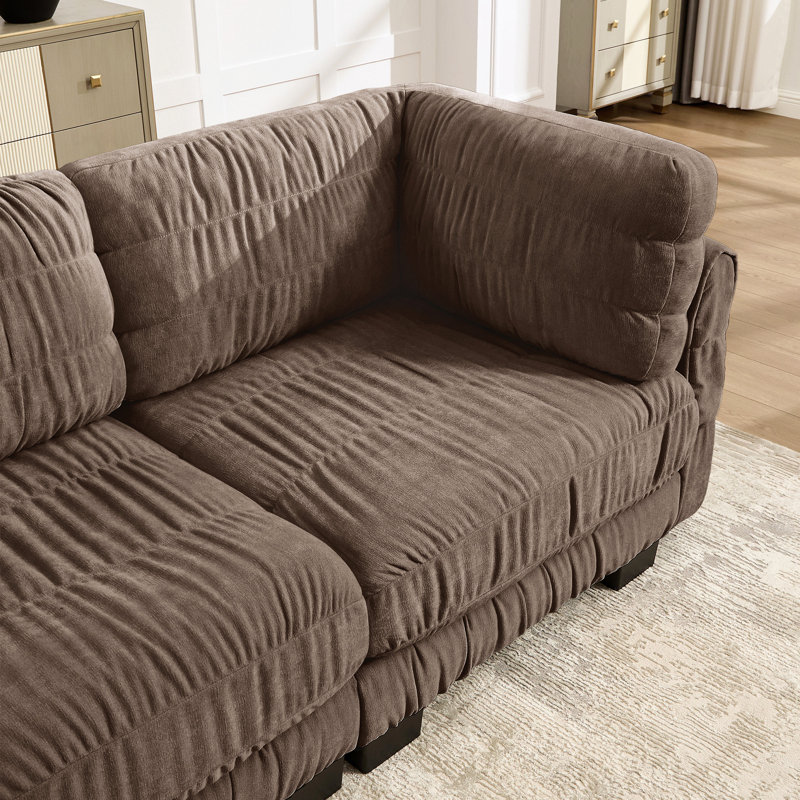 Canapé d'angle modulaire deux places en chenille, mousse haute densité, coussins de dossier épais en forme de L, montage facile, pour salon et chambre.