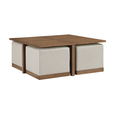 Contemporary Square Cocktail Table Set With 4X Upholstered Stools Brown Finish Wooden Furniture Coffee Table 1Pc(Only Including Coffee Table)