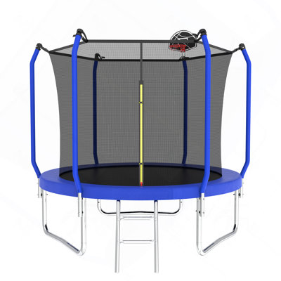 10 ft ASTM Approved Outdoor Trampoline with Basketball Hoop and Safety Enclosure Net