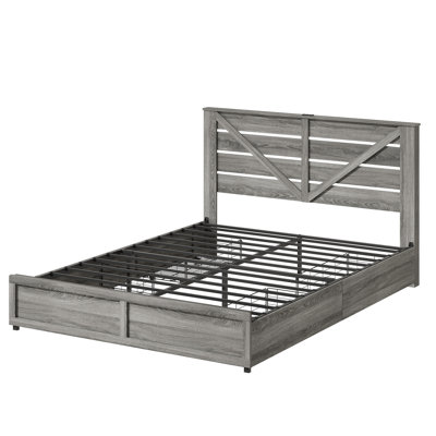 Structure de lit avec tête de lit avec rangement (4 tiroirs de rangement sur le corps du lit et éclairage DEL) - Plateforme de support de matelas en métal antidérapante et sans bruit + Base de lattes en métal robuste
