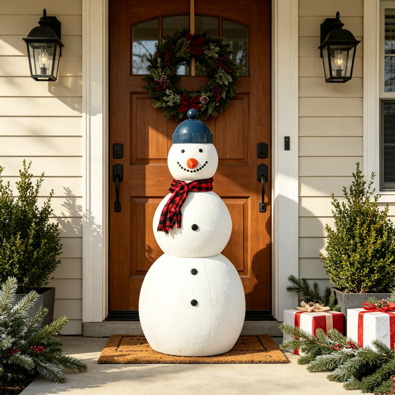Yuletide 47" Traditional Metal Snowman Christmas Decor with Plaid Scarf & Winter Cap