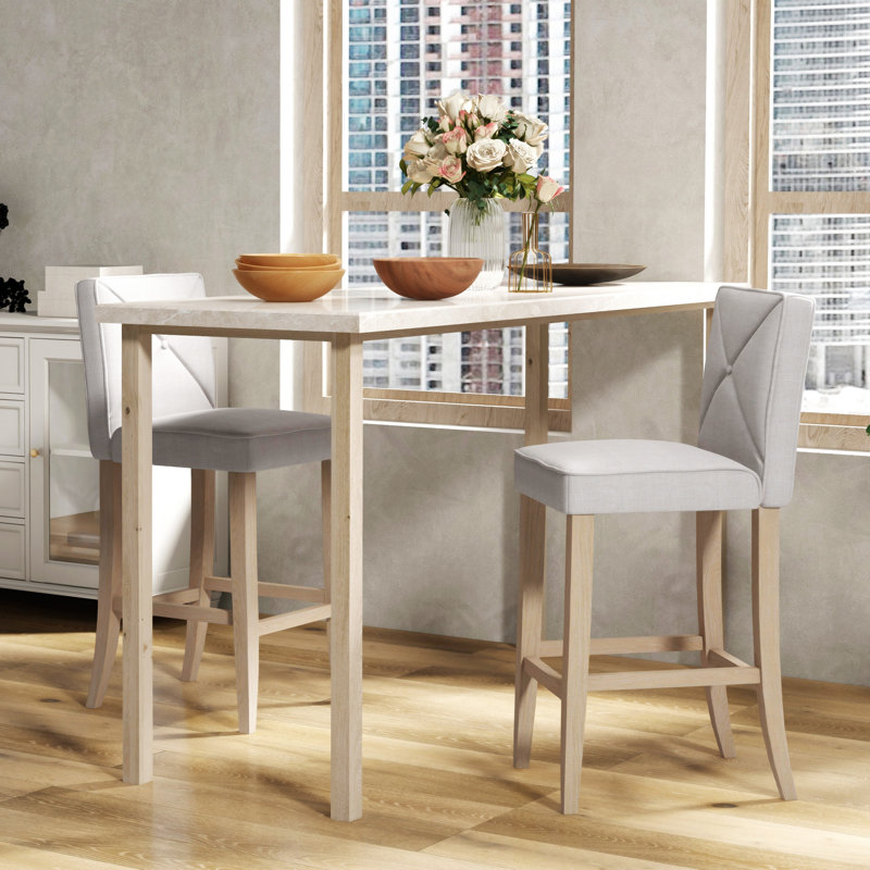 HOMCOM Modern Bar Stools Set Of 2, Upholstered Bar Height Kitchen Stools With Build-In Footrest, Solid Wood Legs, Beige