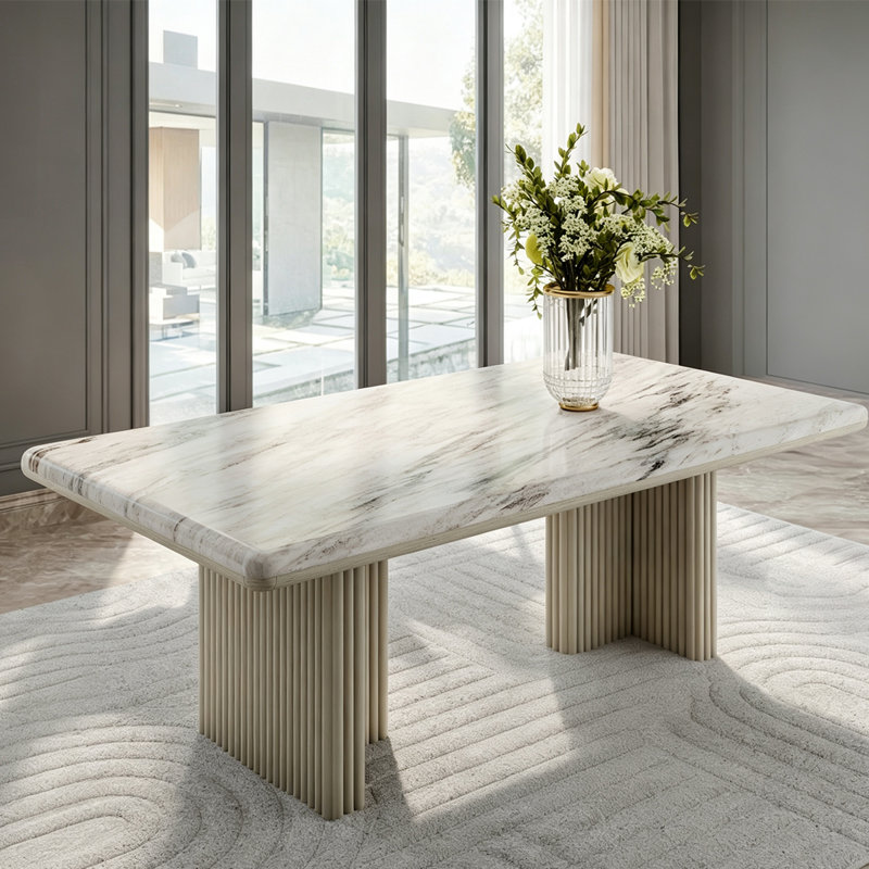 Table de salle à manger ronde de 200 cm (79 po) avec dessus en pierre frittée et piètement sculpté en chêne.