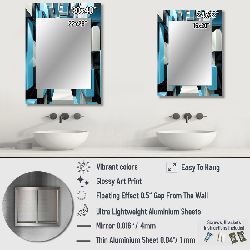 Op Op Blue Focus VI - grand miroir mural Op Art, miroir décoratif moderne, impression d'art en métal, 40 po x 30 po