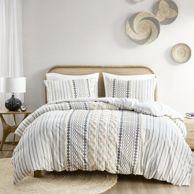 Cotton Chenille Duvet Cover - Geometric Patterns, Overlap Back Shams, With Print, Buttoned, Enhance Bedroom Ambiance