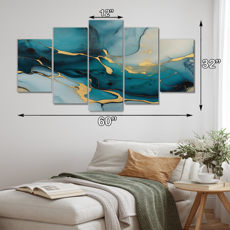 Turquoise doré infusé marbre IV - décoration murale fractales - 5 panneaux