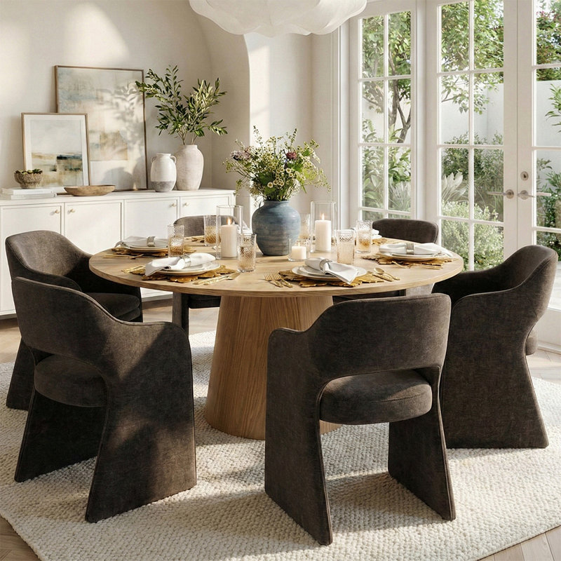 6 - Person Dining Table Sets With Round Table & 6 Upholstered Chenille Chairs, Brown, Yellow