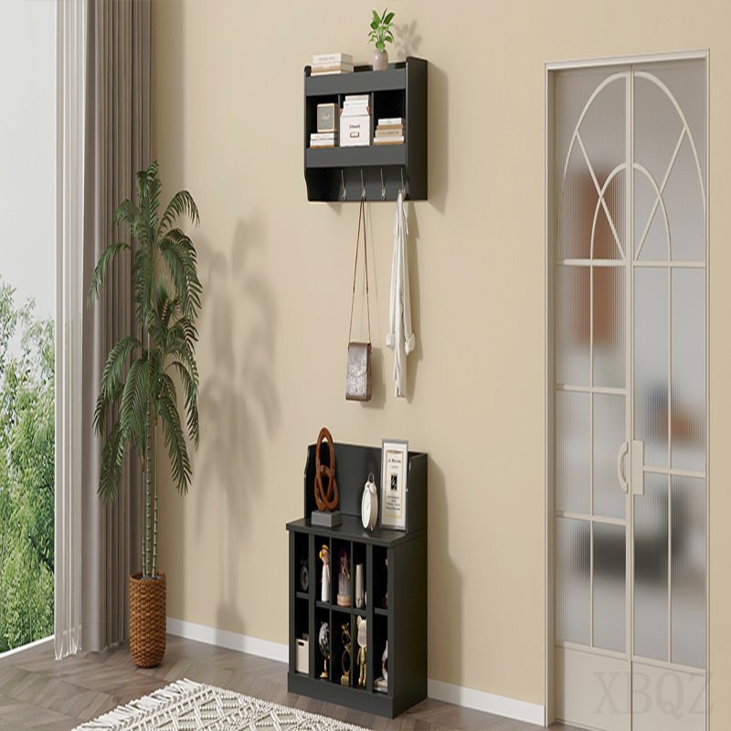 Banc de rangement pour chaussures avec tablettes et 4 crochets, portemanteau élégant avec portemanteau mural, rangement pour vestibule, vestibule, vestibule, noir