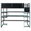 Lit plateforme mezzanine bleu profond, construction en bois avec bureau intégré, rangement et éclairage RVB-129462367
