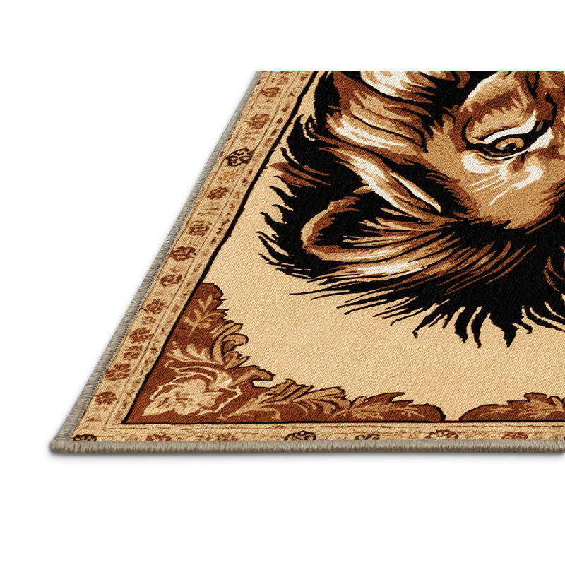  Tapis lavable avec gros chats lion barbare, Rond 5 pi