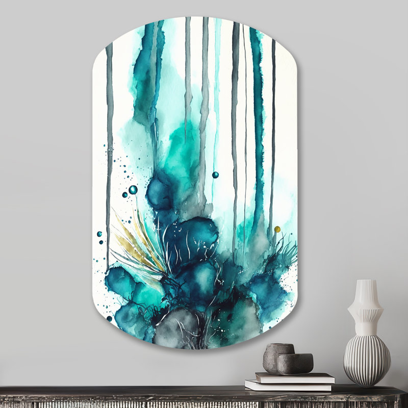 «Tropical Turquoise Joyfulness V», art mural asymétrique abstrait en forme de cylindre à encre liquide, H 31 po x l 19 po