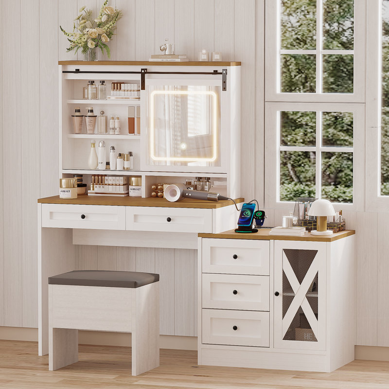 Modern with LED Lighted Mirror and Built-in 3-mode Lighting 3 Drawer Dresser with Stool and Side Cabinet