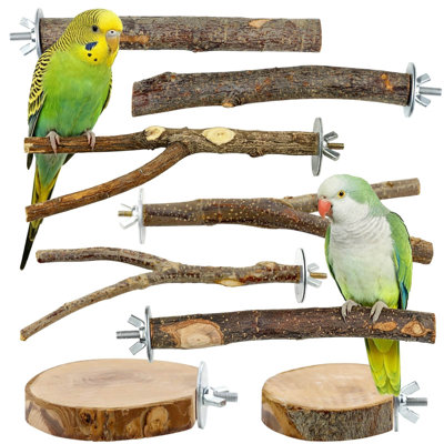 8-Piece Natural Wood Bird Perch Set – Apple Wood Platforms and Hardwood Branches for Parakeets, Budgies, Cockatiels – Small Bird Cage Gym, Climbing Stand and Chew Toys