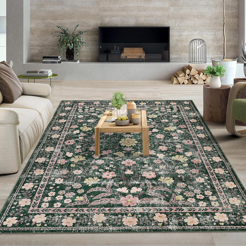 Floral Low Pile Runner Rug – Machine Washable, Non-Slip, Lightweight Hallway, Kitchen & Bedroom Carpet, Vintage Distressed Area Rug for Home Decor