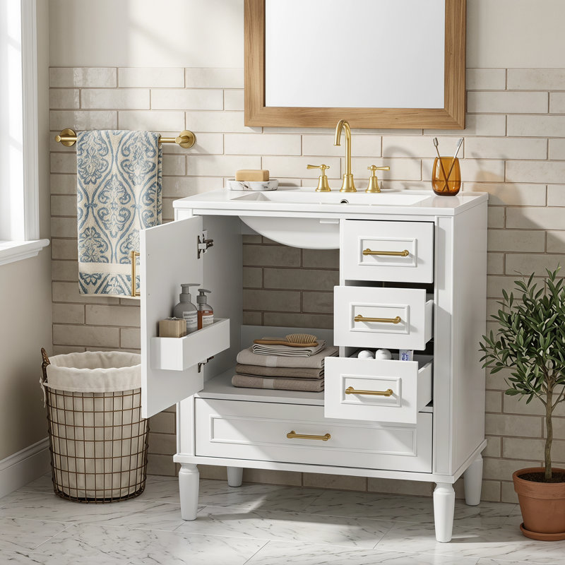 Meuble-lavabo de 30 po avec lavabo en céramique, porte à fermeture en douceur avec tablette intégrée, tiroir profond, tiroir standard, grand tiroir diviseur, grande armoire de rangement pour la salle de bain, design moderne et fonctionnel