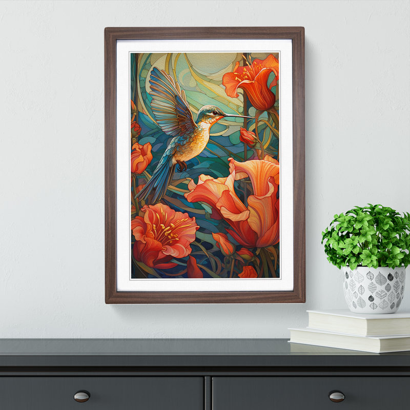 Hummingbird Nouveau No.2 - Single Picture Frame Print on Wood, 64cm H x 46cm W x 2cm D, Walnut Framed