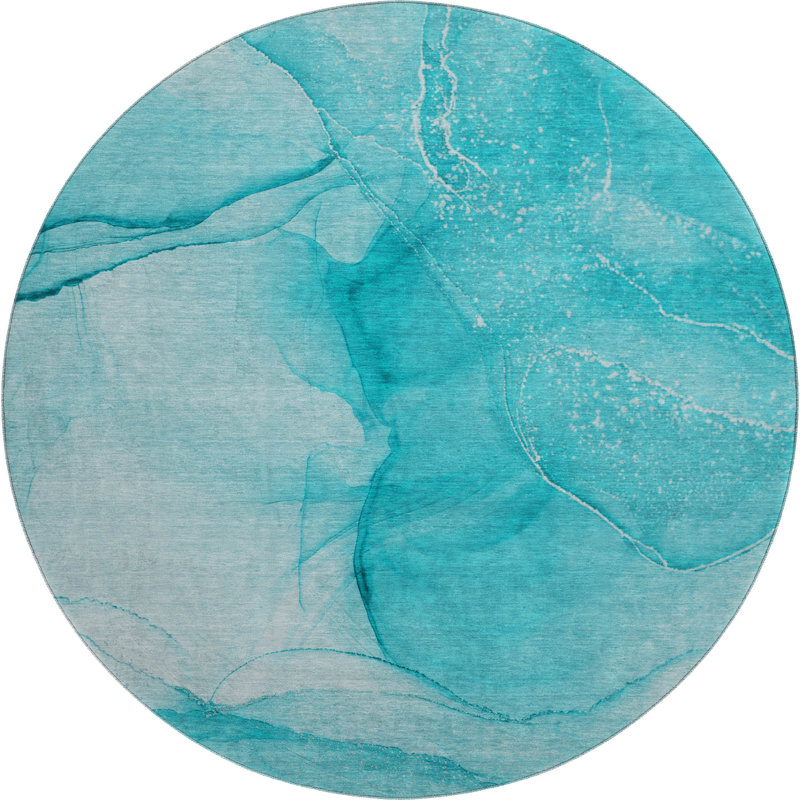 Premium Machine Washable Cerrito AMF507 Teal Rug, Round 8'