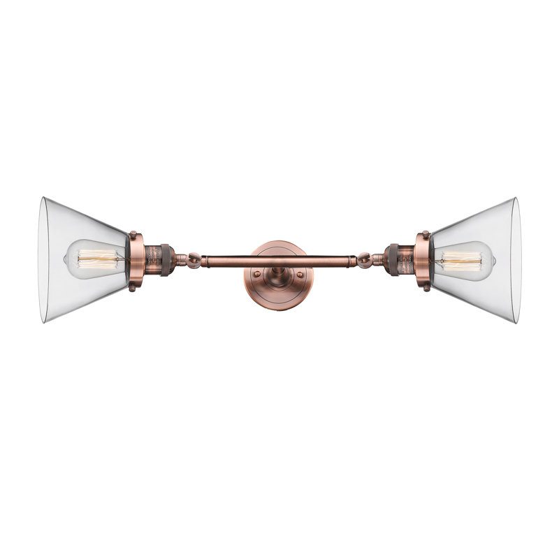 Cone 2 Light Bath Vanity Light, 6 Watt Vinage LED Bulb, Clear, Antique Copper