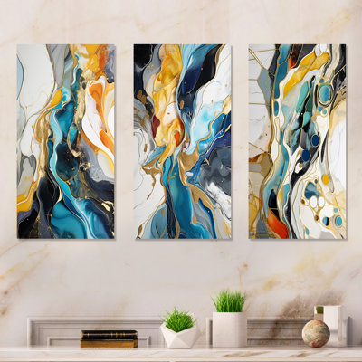 Encre liquide bleue et jaune «Harmony I», ensemble d'art mural sur toile