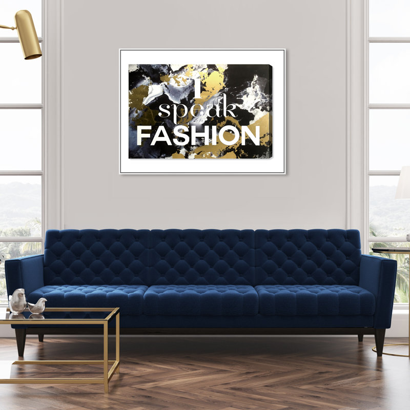 I Speak Fashion, Glam Fashion Splash Modern - art textuel, H 31 po x l 46 po, Cadre en bois blanc