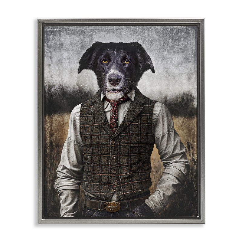 "Chien en vêtements coloniaux" par Karen Burke, Cadre flottant gris lustré, H 31 po x l 25 po x P 1,7 po