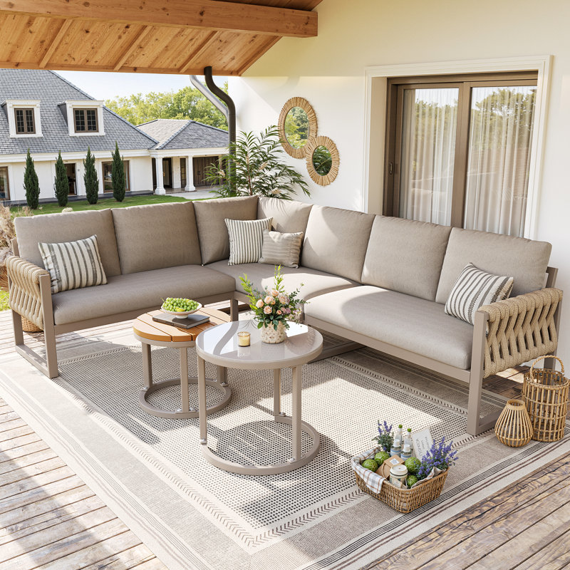 Modular Outdoor Corner Sofa Set With Tables - 110/123 Cm, 8 Cm Cushions, Removable Covers, Adjustable Legs