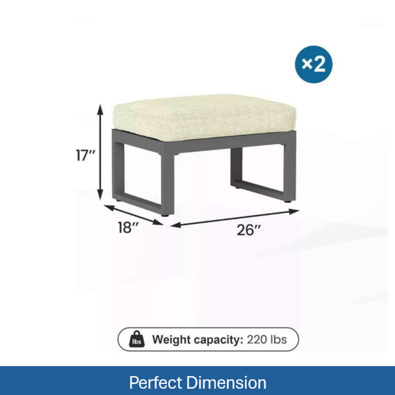 Ensemble de 2 repose-pieds de patio en aluminium toutes saisons de 26 po avec coussins beiges épais avec cadre noir, Beige