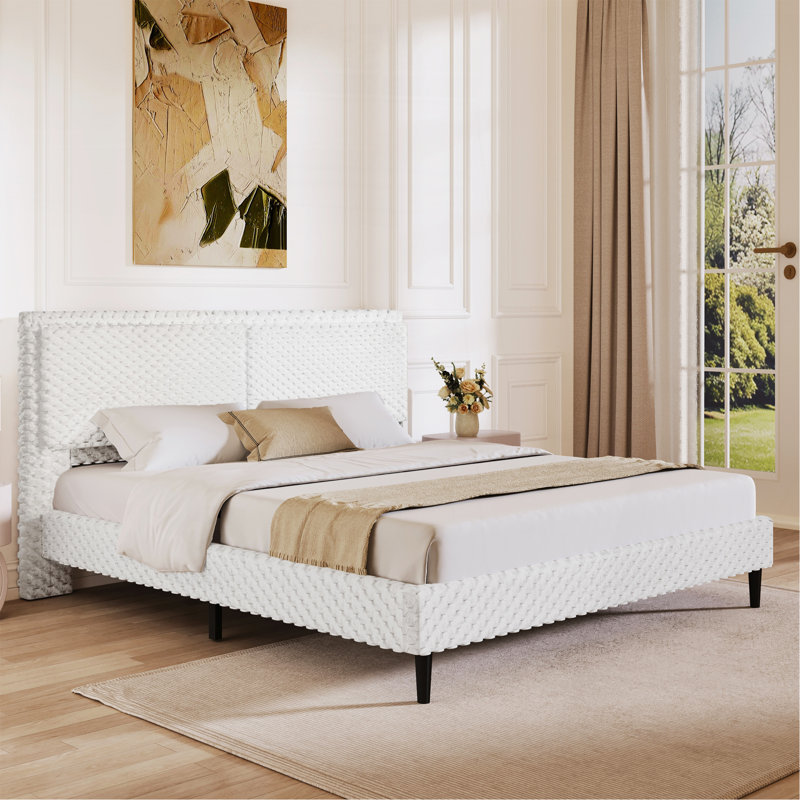 Lit plateforme, cadre de lit de chambre à coucher avec dossier à rembourrage doux, Grand lit, Chameau