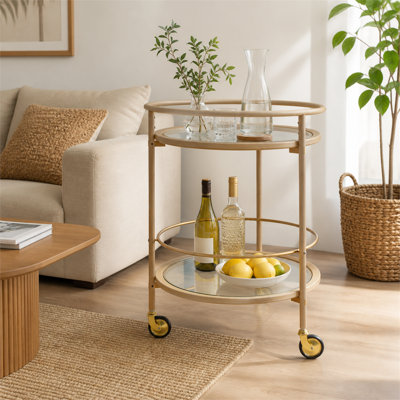 32-Inch Round Bar Cart: Tempered Glass Shelves with Gold Accents and Distressed White Finish – Mobile Home Bar Cart