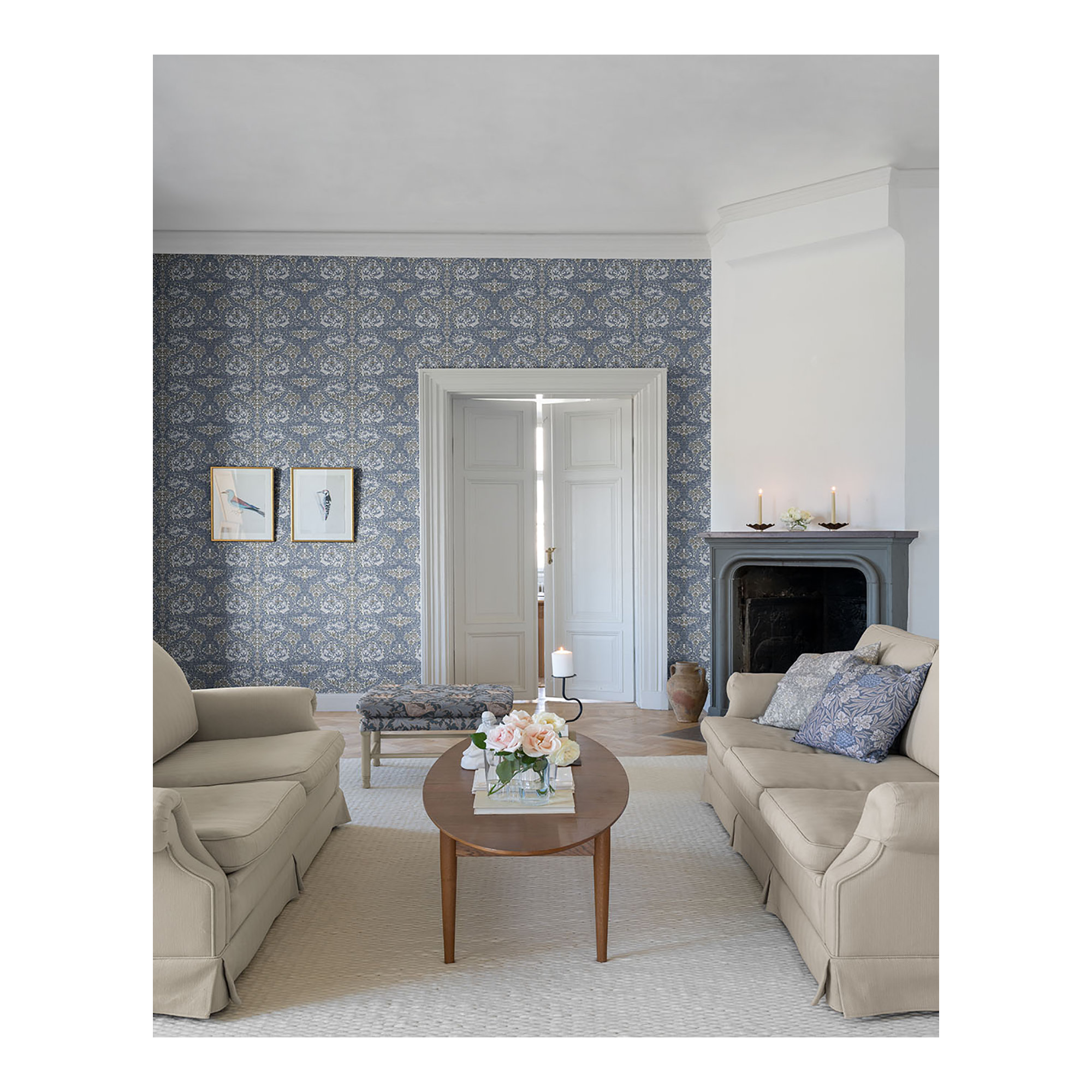 African Marigold Floral Wallpaper, Blue