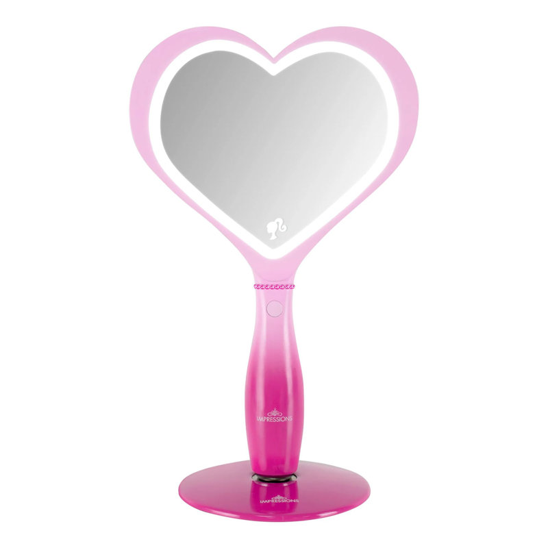Barbie LED Handheld Makeup Mirror with Standing Base, Portable Travel Hand Held with Heart Shaped Lighting
