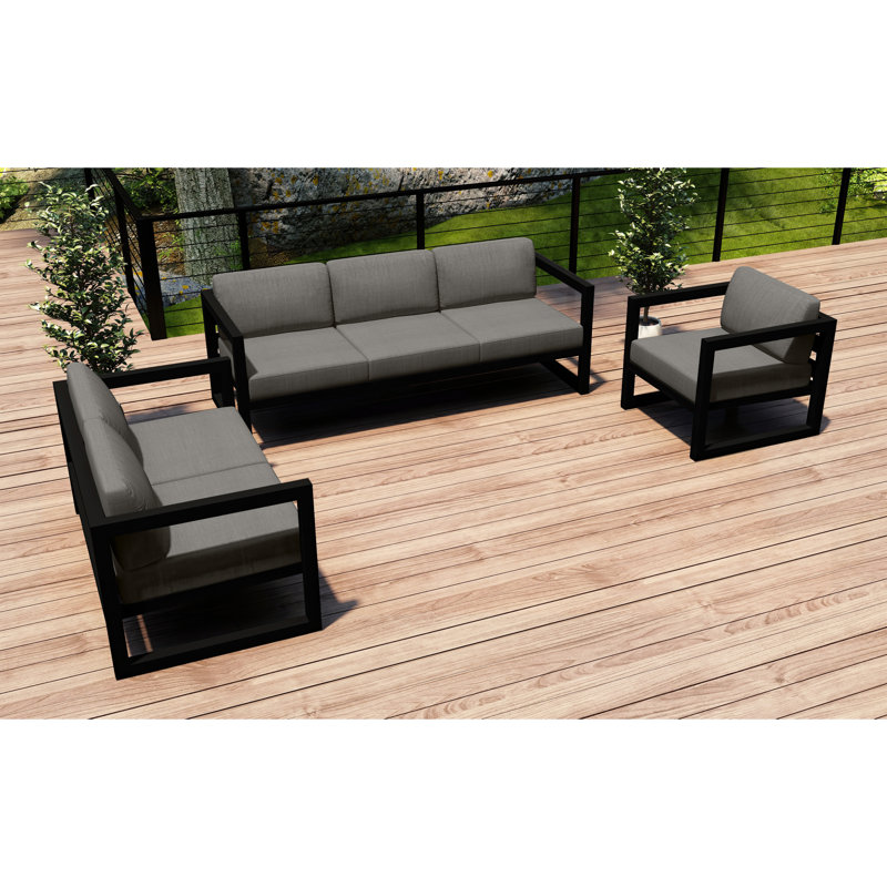 Avion 3 Piece Sofa Loveseat Set, Canvas Charcoal Sunbrella® Canvas, Black